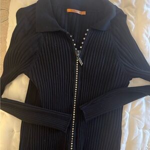 Black Ribbed Zip-Up Sweater with rhinestone Detail